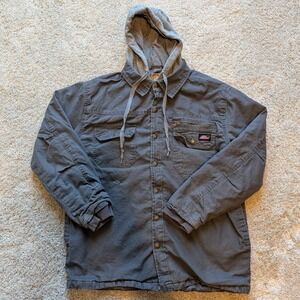 Genuine Dickies Hooded Canvas Work Jacket Mens L Gray Quilted Lined Coat